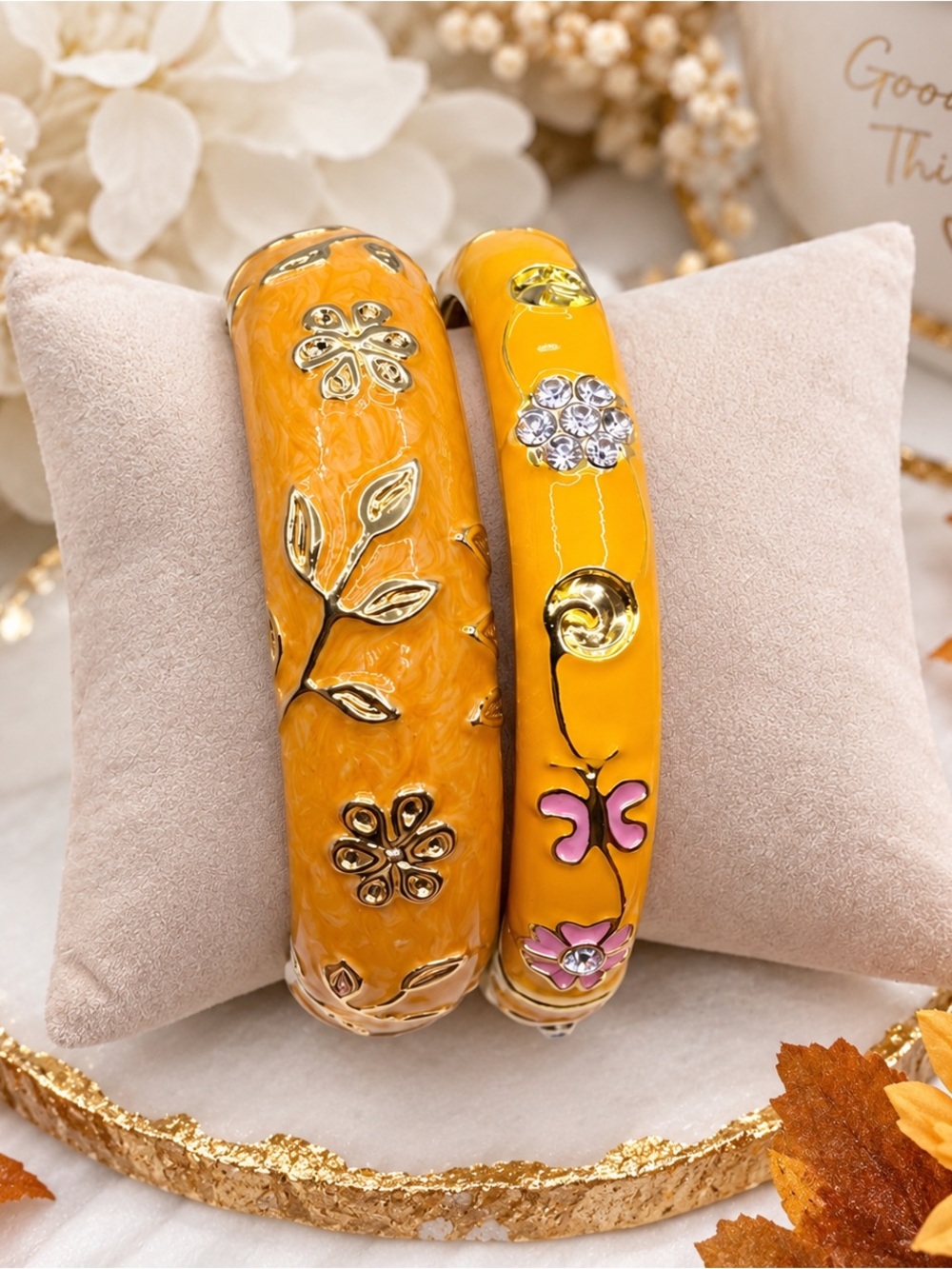 Fall fest Orange Enamel Floral Gold Tone Hinged Bangle Bracelet Set of 2
